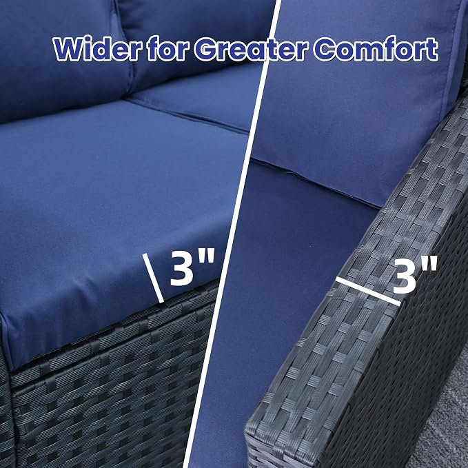 FHFO 4 Piece Outdoor Wicker Patio Furniture Set, Black/Blue | Sectional Sofa | All-Weather Hand-Woven Rattan | Tempered Glass Coffee Table | Durable Fabric | Indoor & Outdoor Use