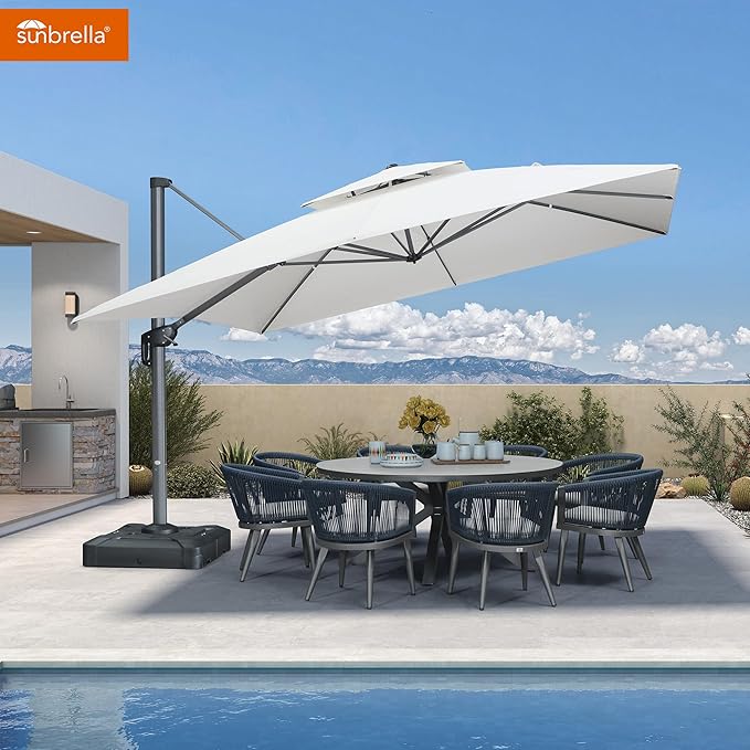 PURPLE LEAF Cantilever Umbrella with Base Included 12 Feet Outdoor Square Umbrella Double Top Large Offset Hanging 360° Rotation Heavy Duty for Garden Patio Deck Pool Canvas Natural