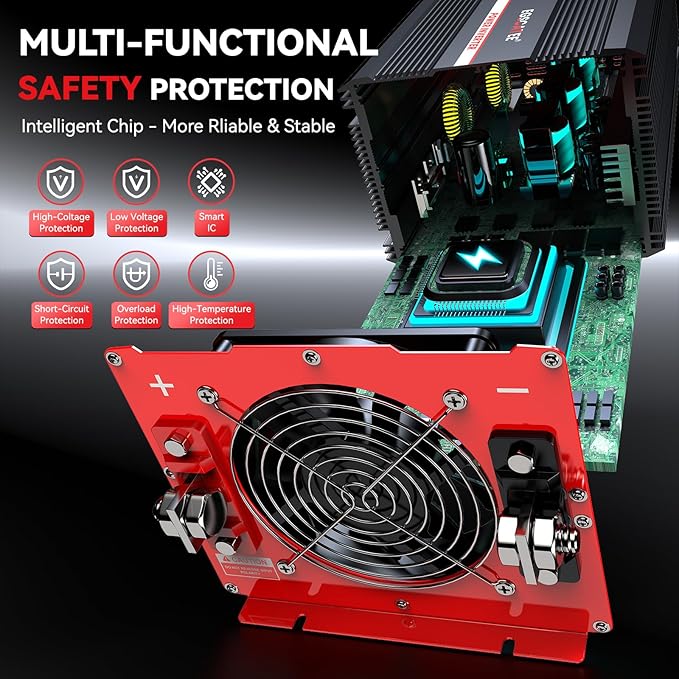 6000W Power Inverter 12V DC to 120V AC, 11000W Peak Off-Grid Solar Converter for 12V Battery Bank, RV, Truck & Home Backup Power System, 4 AC Outlets, USB & Type-C Port, LCD Remote Controller