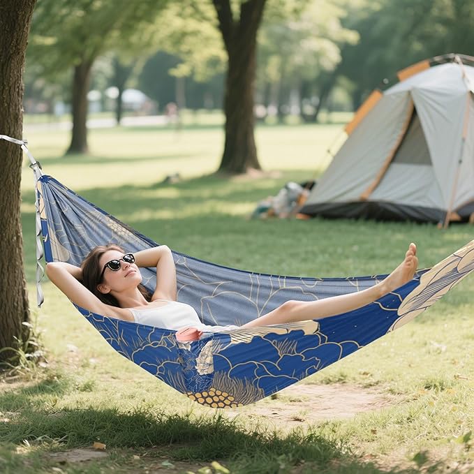 Navy Blue Gold Peony Floral 330lb Capacity Camping Hammock Cloth Hammock for Indoor Outdoor Patio hamacas para adultos
