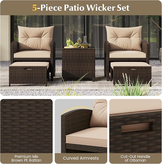 KOTEK 5 Pieces Patio Furniture Set with Ottomans, Wicker Patio Conversation Set with Coffee Table & Cushions, PE Rattan Outdoor Lounge Chairs for Backyard, Porch, Poolside (Mix Brown- Beige)