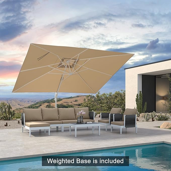 PURPLE LEAF 10' × 13' Patio Umbrella With Base White Cantilever Umbrella Square Outdoor Offset Umbrella Windproof with 360° Rotation for Garden Deck Pool, Beige