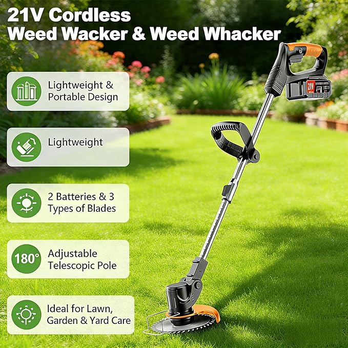21V Cordless String Trimmer & Edger, 6" Cut, 2 Batteries, 3-Blade System (Plastic/Metal/Saw), Telescopic Pole, 180° Rotating Head – Lightweight Weed Wacker for Lawn, Garden & Yard