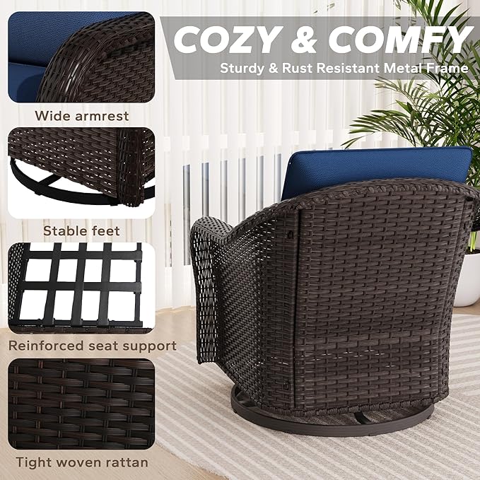 Outdoor Swivel Chairs Set with Ottomans, 4 PCS Patio Conversation Furniture Set with Removable Cushions, All-Weather Wicker Furniture for Porch, Backyard, Deck, Sunroom (Navy Blue)