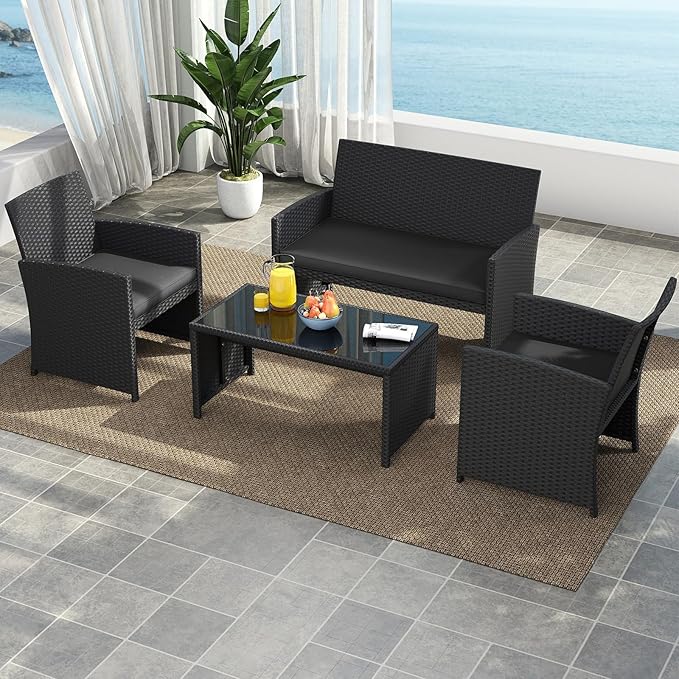 Tangkula 4 Pieces Patio Wicker Furniture Set, Outdoor Heavy Duty Rattan Cushioned Chairs, Loveseat and Tempered Glass Coffee Table, for Backyard, Balcony, Poolside (1, Black)