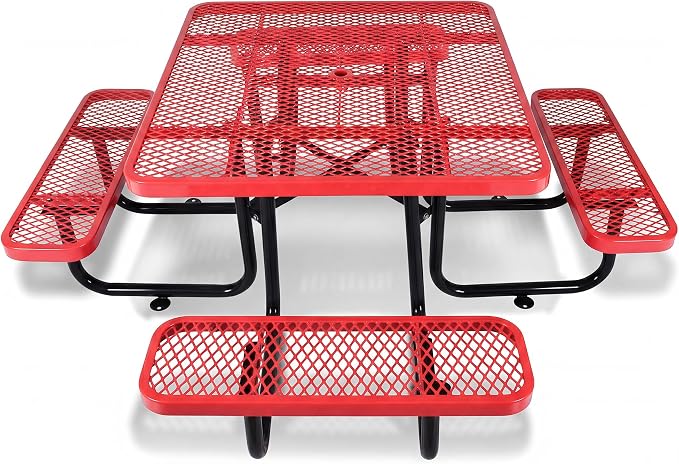46" Square Metal Picnic Table for 4-8 Person, Durable Heavy Duty Commercial Picnic Table with Umbrella Hole for Outdoor Coffee Shop, School, Hospital, Easy to Install, Red