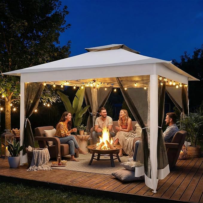 COBIZI 12x12 Pop Up Gazebos On Clearance - Upgrade Easy Up Metal Outdoor Gazebo Waterproof - Portable Gazebo with Mosquito Nettings, 4 Ropes 8 Stakes and Carry Bag for Patio Garden(Light Gray)