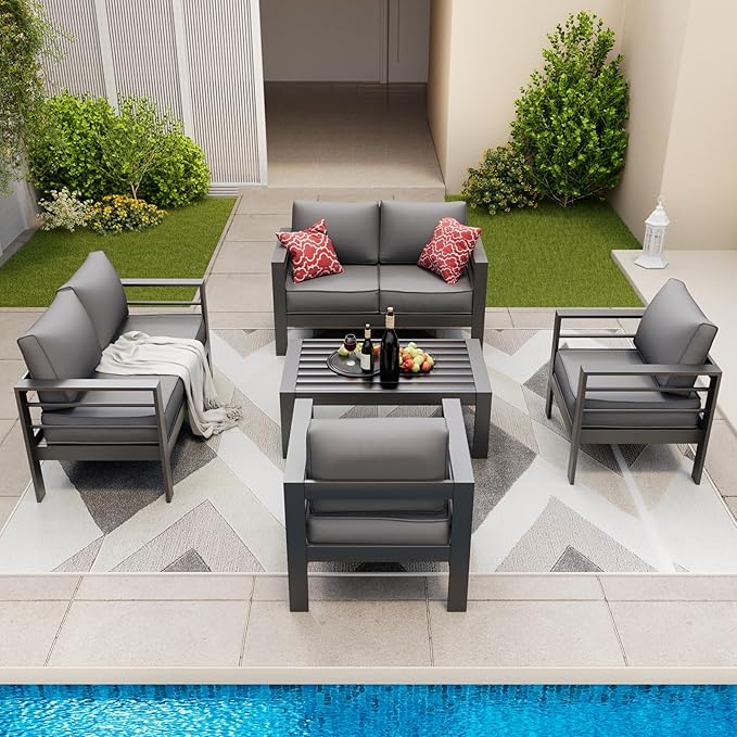 Amopatio Aluminum Patio Furniture Set, 7 Pieces Modern Patio Conversation Sets, Outdoor Sectional Metal Sofa with Coffee Table for Balcony, Garden, Dark Grey (Included Waterproof Covers)