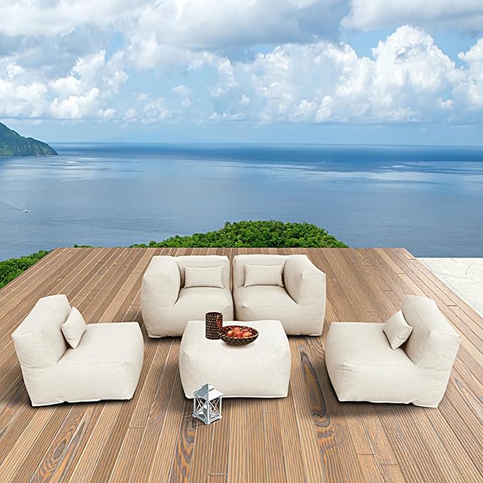 Patio Furniture Set Bean Bag Chairs Calaluna 5PC Outdoor Chairs Sectional Conversation Patio Set Daybed Furniture Outdoor Sofa Couch High Density Foam Filling Modern Comfy Patio Couch (Light Beige)