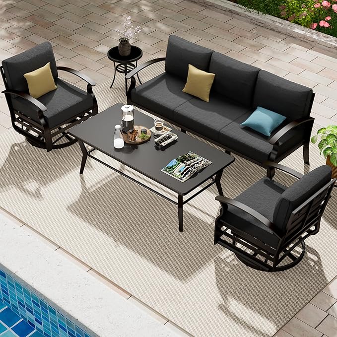 Aluminum Patio Furniture Set with Coffee Table,5 Seats Metal Modern Outdoor Furniture Set w/5.1" Thick Cushions,Patio Sectional w/Swivel Chairs for Backyard,Patio,Grey