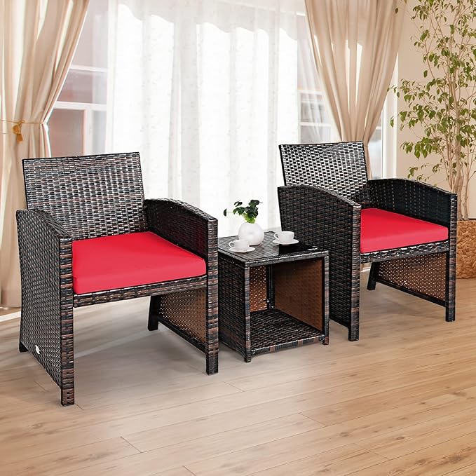 Tangkula 3-Piece Outdoor PE Rattan Furniture Set, Patio Conversation Set w/Chair & Storage Coffee Table, Detachable Cushion, Stable X-Shaped Frame, Perfect for Garden, Backyard, Poolside (Red)