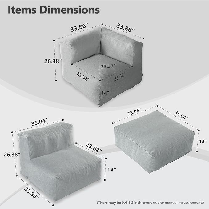 Patio Furniture Set, 5 Pcs Outdoor Conversation Set with Bean Bag Middle Chairs, Corner Chair, Ottomans, Modern Foam Couch Set for Garden, Deck, Balcony (5, Light Gray)