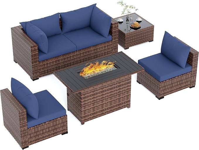 UDPATIO Patio Furniture Set with Fire Pit Table, 5 Piece Outdoor Sectional Sofas, All-Weather Wicker Conversation for Garden, Backyard, Navy Blue