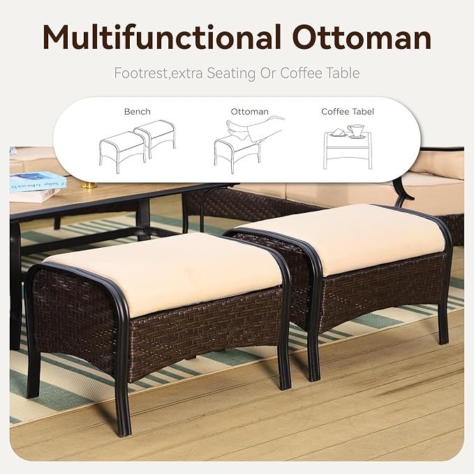 GREEN PARTY Extra Large Outdoor Patio Furniture Set 6 Pieces for 7, Modern Metal Patio Conversation Sets with High Back 3-Seat Sofa, 2 Swivel Chairs, 2 Ottoman, 1 Coffee Table