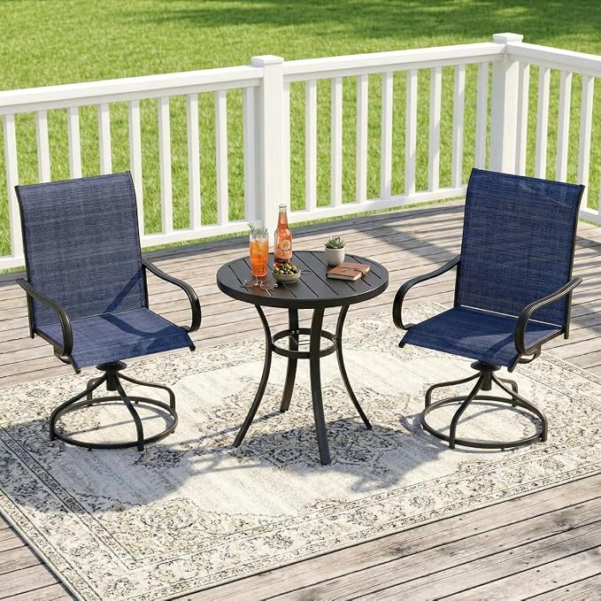 TLSUNNY 3 Piece Patio Dining Set for 2, Outdoor Table and Chairs W/1.57"-1.8" Adjustable Umbrella Hole & Foot Pads, 27.6" Round Metal Table and Patio 360° Swivel Chair, Rocking not Included (Blue)