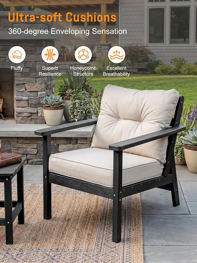 HDPE Patio Conversation Set 5 Seats, Outdoor Furniture Set, Patio Sofa Set | Water-Resistant Thick Cushion, HDPE All Weather, Wood-Grain, No Rot or Rust or Crack, UV Fade Shield, Easy-Clean for Outside