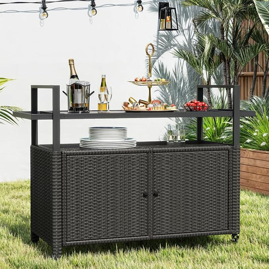 DWVO Outdoor Kitchen Island,Patio Buffet Cabinet with Storage, Bar Cart with Glass Top,Patio Storage Cabinet with Wheels,Outdoor Bar Table for Poolside and Backyard,Black