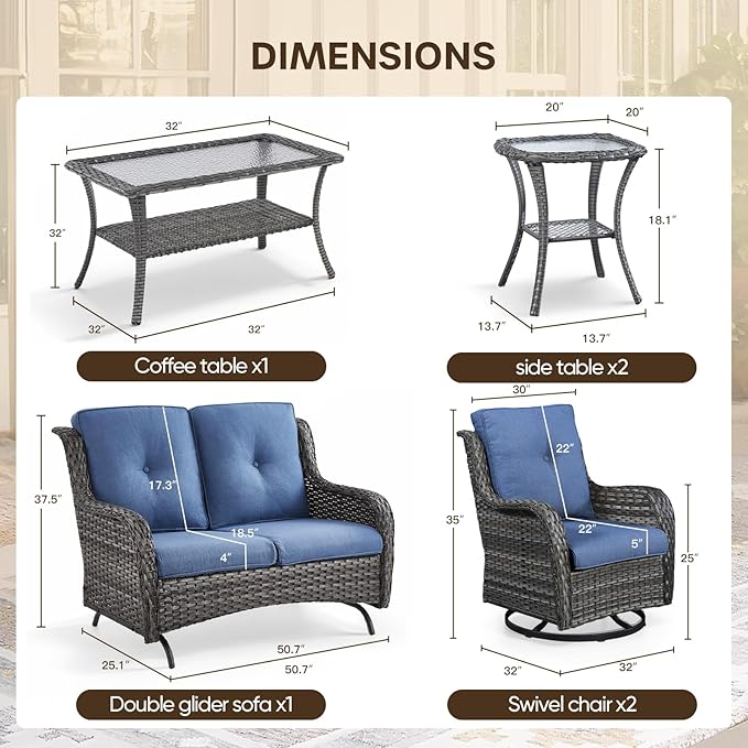 Patio Loveseat Glider Set, Resin Wicker Loveseat Glider with 4 Swivel Patio Chiars Coffee Table 2 Side Table, 8 Piece Patio Conversation Loveseat Set, Grey Wicker|Blue Cushions