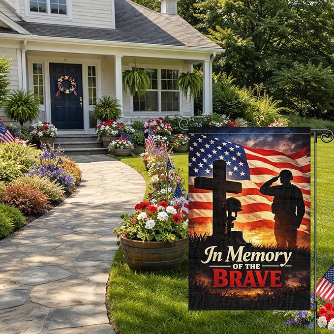 Heyfibro Memorial Day In Memory of the Brave Garden Flag 12x18 Inch Double Sided Patriotic Veteran Day Military Soldiers House Flags 4th of July Flag for Outside Yard Decorations
