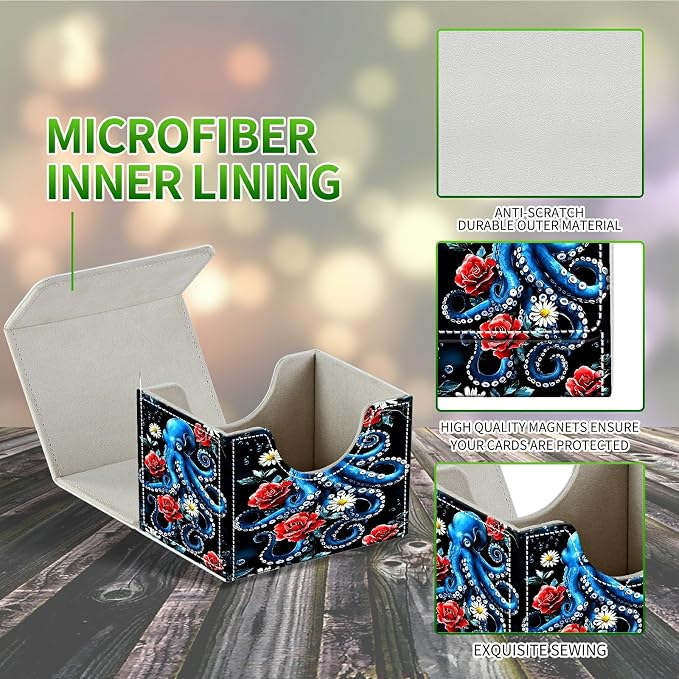 Card Deck Box for MTG, Cards Storage Box Fits 120+ Sleeved, Leather Small Size Strong Magnetic Closing Card Case for Board Games Magic TCG CCG Baseball Collection, Rose Octopus