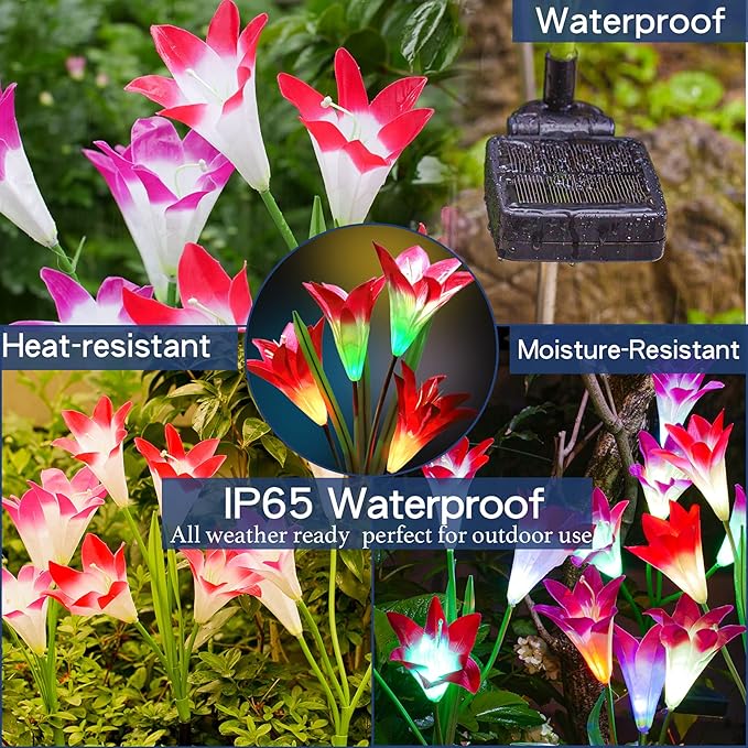 TONULAX Solar Lights Outdoor - Upgradedr Garden Light, Multi-Color Changing Lily Solar Flower Lights for Patio,Yard Decoration, Bigger Flower and Wider Panel (4 Pack,Red, 2 Purple, White)