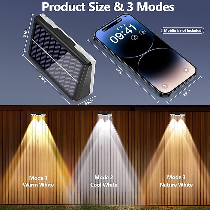 Brizled 12 Pack Solar Fence Lights Outdoor, 300/4000/6000K 3 Modes Fence Lights Solar Powered with LED Focus Lens, Outdoor Fence Lighting Wall Light Waterproof for Outside Backyard Patio Railing Deck