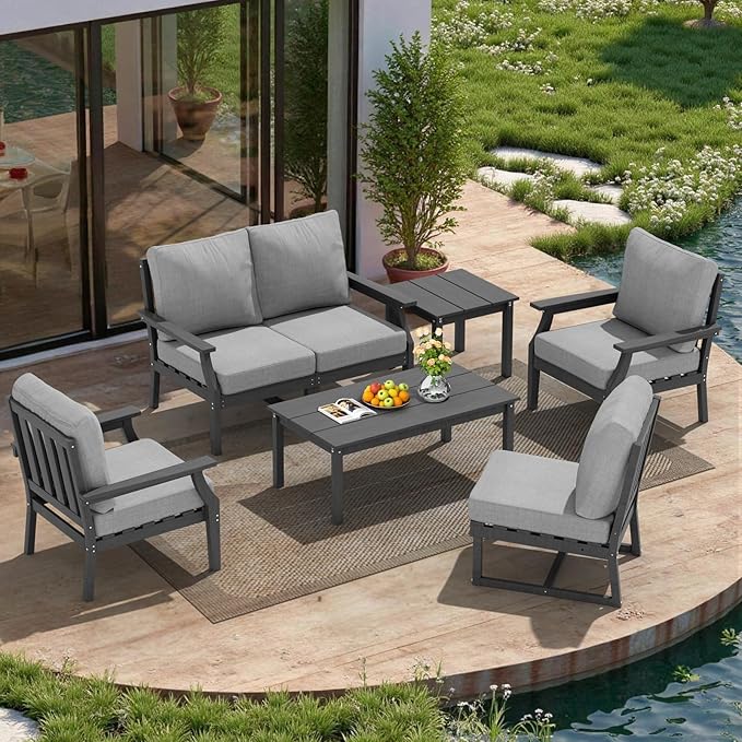 HDPE Patio Conversation Set, 7-Piece All Weather Outdoor Furniture Set with 2 Single Armchairs for Deck, Lawn, with Cushion, Gray