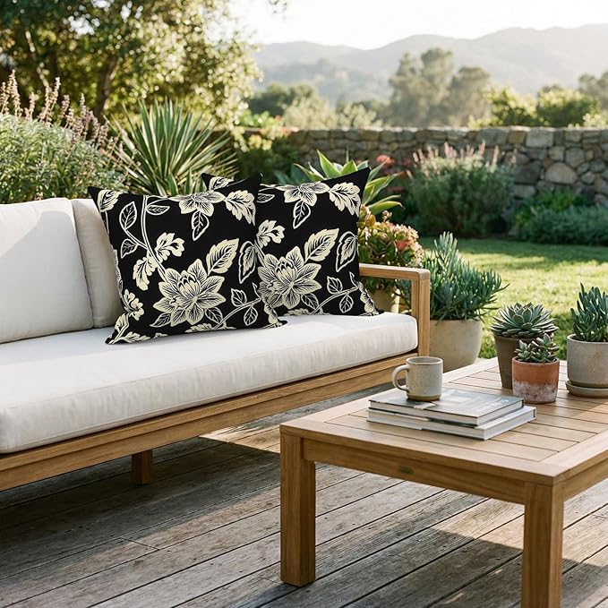 20x20 Inch Pack of 2 Patio Throw Pillow Covers ONLY, Water Repellent Cushion Cases, Square Pillowcases for Outdoor Couch Decoration, Elegant Vines Black