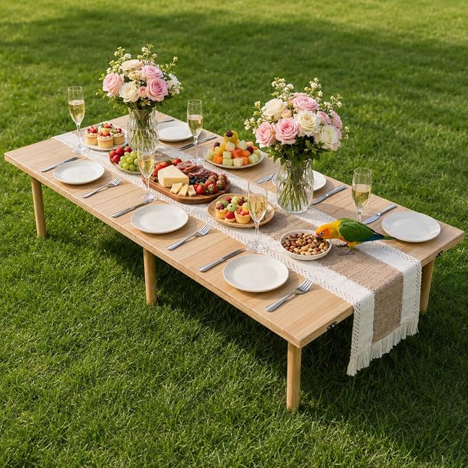 60" x 30" Boho Low Wooden Folding Picnic Table with Table Runner, Portable Boho Picnic Table for Indoor Outdoor Use, Camping, Beach, Garden, Wedding & Party (8 Steak Knives & Forks Included)