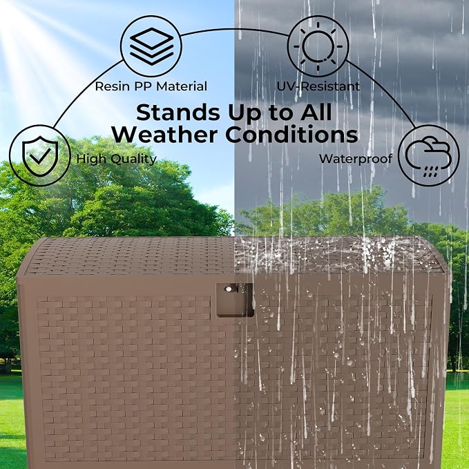 Resin Deck Box, 73 Gal Outdoor Storage Box Waterproof Lockable, Patio Square Deck Box For Package Delivery, Outside Storage Box Container for Furniture Cushions, Garden Tools, Pool Accessories, Brown