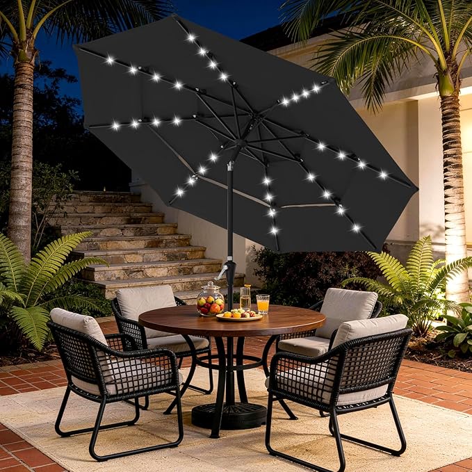 JEAREY 3 Tiers Patio Umbrella with Solar Lights 9ft Outdoor Market Table Umbrellas with Push Button Tilt for Outside Pool Garden, Black