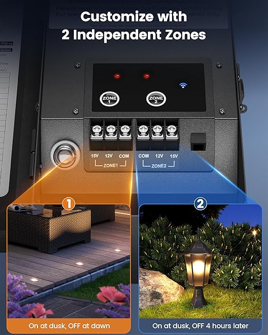 SURAIELEC Smart Wi-Fi Low Voltage Transformer, 200W Indoor Outdoor Landscape Lighting Transformer with 2 Zones, 120V AC to 12V 15V AC Multi Tap Power Supply, Works with Alexa & Google Assistant