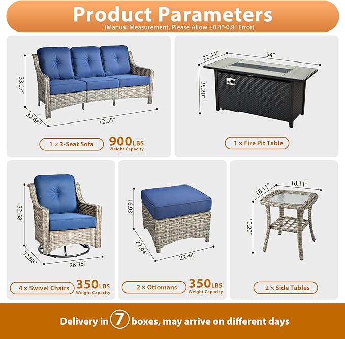 10 PCS Outdoor Patio Furniture Sets, Patio Conversation Sets Outside Rattan Soft Cushion Sofa with 4 Wicker Rocking Chairs & 54 in Fire Pit Table Fit Backyard Porch Garden Poolside Balcony,Navy Blue