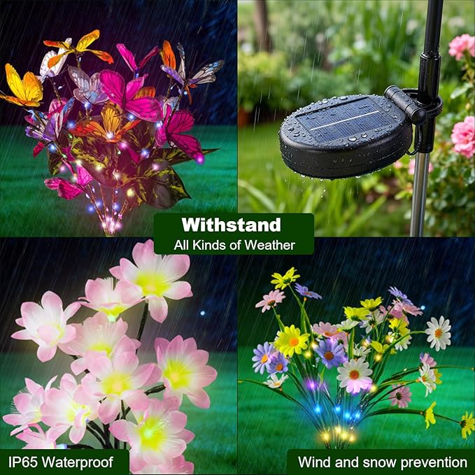 Solar Flowers Path Lights Outdoor 4 Pack, LED Chrysanthemum Decor, Waterproof Auto On/Off, Bigger Solar Panel for Yard, Patio, Garden Walkway Decoration Gift for Mom (Colour)