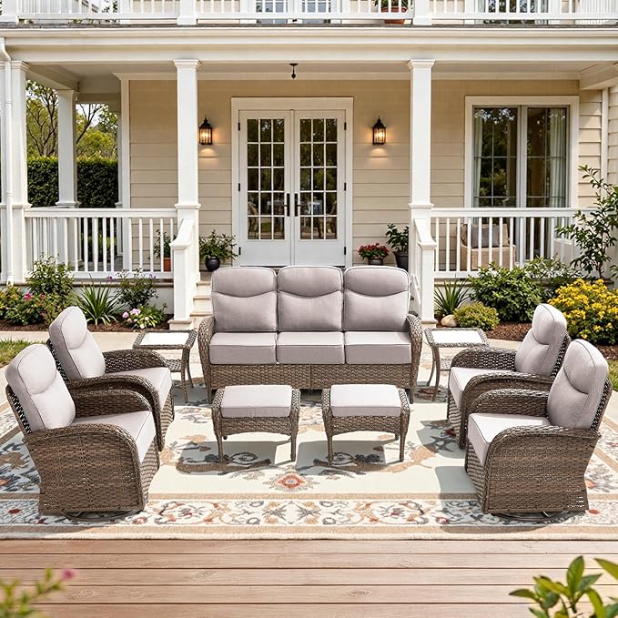 9-Piece Luxury Patio Furniture Set with 6-Inch Thick Cushions, High-Back Outdoor 4 Swivel Rocking Chairs with Wicker Side Table, All-Weather Conversation Set for Porch, Deck, Yard or Poolside – Beige