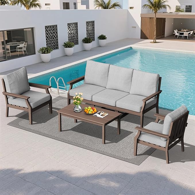 HDPE Patio Conversation Set, 6-Piece All Weather Outdoor Furniture Set with 2 Single Armchairs for Deck, Lawn, with Cushion, Brown