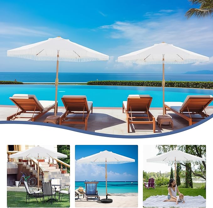 GDY 7.5FT Tassel Patio Umbrella Outdoor Table Umbrella,Market Umbrella with 6 Sturdy Ribs, with Push Button Tilt and Crank for Garden, Lawn, Deck, Backyard & Pool (Bright White)