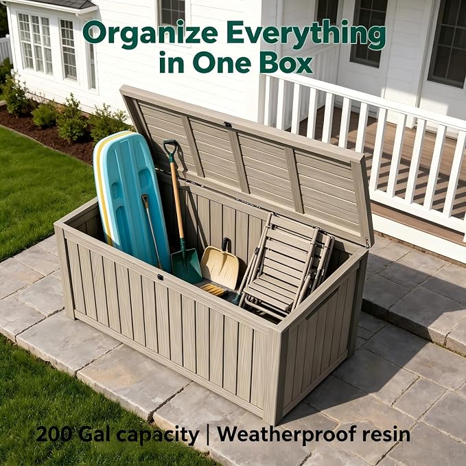 200 Gallon Waterproof Deck Box, Large Resin Outdoor Storage Box for Patio Cushion Storage, Pool Accessories & Garden Tools, 880 Lbs Load Capacity Storage Bins – Lockable Lid, Grey