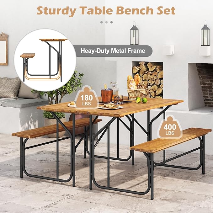 Tangkula Patio Dining Bench Set for 2, Heavy-Duty Outdoor Acacia Wood Dining Furniture with Metal Legs for Balcony, Backyard, Poolside, Garden (2,32” x 27.5” x 29.5”)