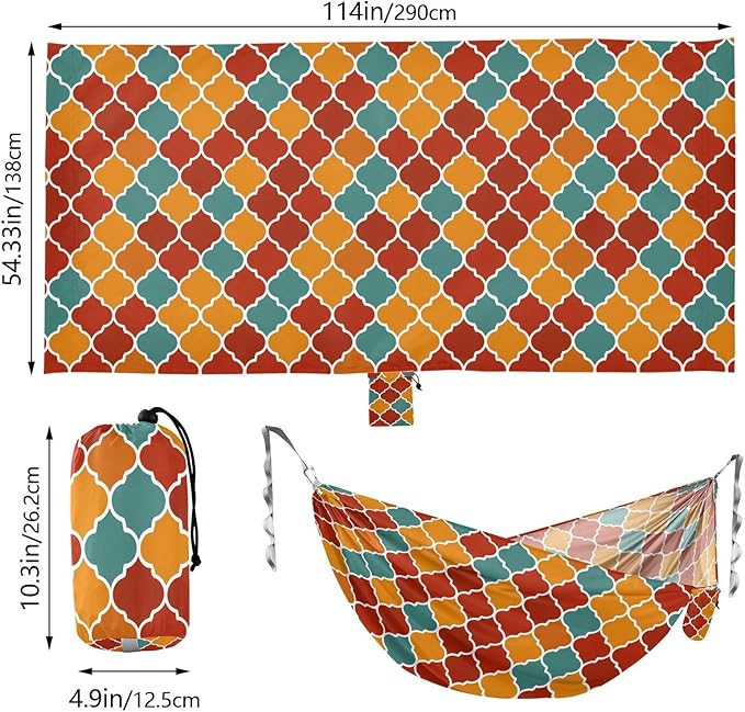 Camping Hammock Outdoor Hammocks for Outside Trellis Lattice Red Orange Beach Trees Portable Lightweight with Pockets Tree Straps Indoor