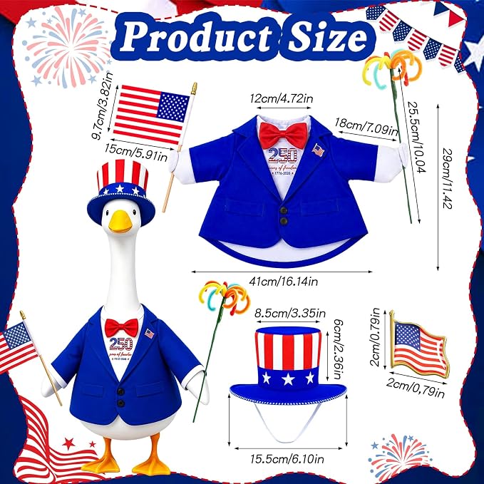 4th of July Porch Goose Outfit for 23 Inch Statue - Patriotic Uncle Sam Costume for 250th USA Anniversary, Sculpture Clothes in Red White Blue, Patriotic Decorations for Outdoor Yard Garden