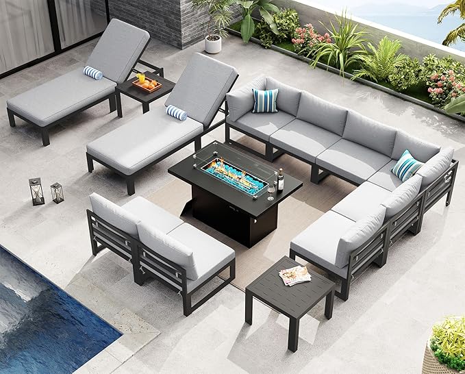 NICESOUL 13 Piece Large Modern Aluminum Patio Furniture Set, Water & Fade Resistant Modular Outdoor Conversation Set with Lounge, 500 lbs Heavy Duty Comfortable Sectional Sofa for Poolside, Light Gray