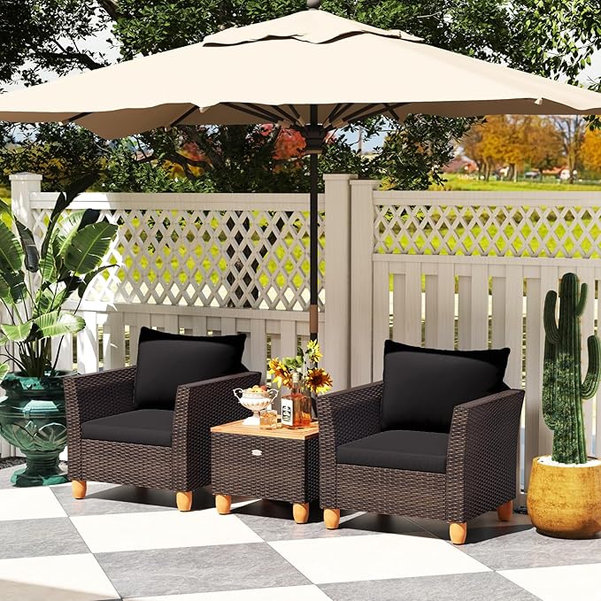 Tangkula 3-Piece Patio Furniture Set, Patiojoy Outdoor PE Wicker Bistro Set with Soft Cushions and Solid Acacia Wood, Outdoor Conversation Set with Porch, Balcony and Garden (Black)