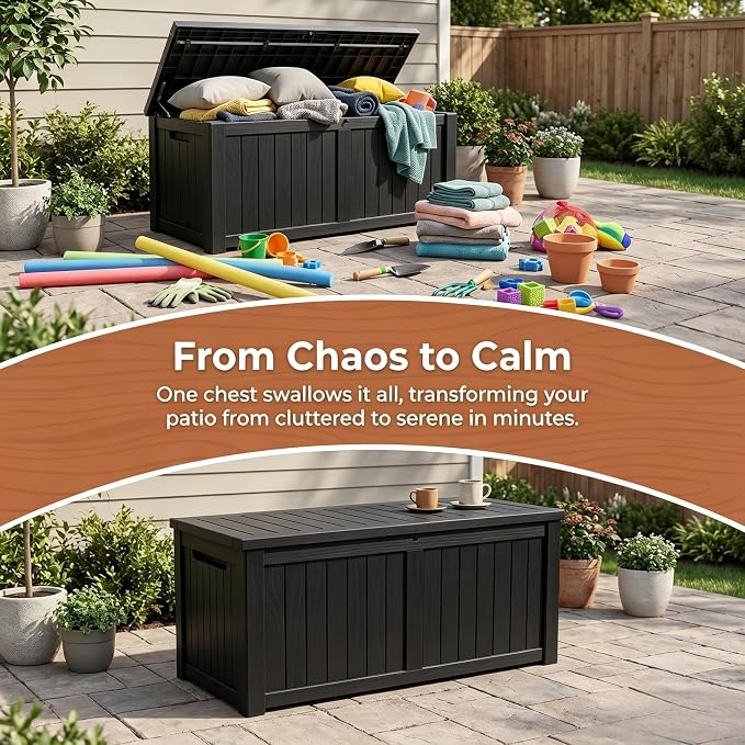 148 Gallon Resin Deck Box - Outdoor Storage Chest for Patio Furniture Cushions, Garden Tools, Pool Accessories & Backyard Organization Lockable Waterproof All-Weather Wood Grain Design, Easy Assembly