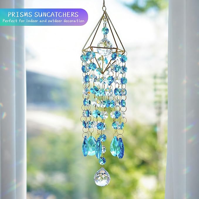 21.5'' Crystal Prisms Suncatchers for Window Hanging Rainbow Sun Catcher | Gold-Plated,Blue Dreams,Crystal Wind Chime,Sun Catcher With Crystals,Indoor Outdoor Decoration,Whimsical Decor,Gift For Women