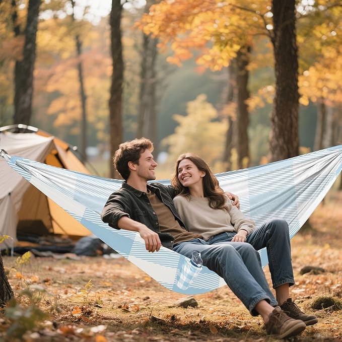 Qilmy Baby Blue Plaid Pattern Camping Hammock Single – 330 lbs Capacity, Lightweight with Tree Straps & Carabiners, Portable for Hiking, Travel, Backpacking