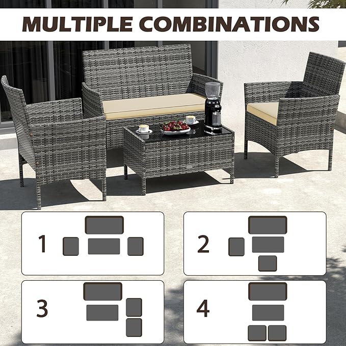 Tangkula 8 Pieces Patio Rattan Conversation Set, Outdoor Wicker Furniture Set with Cushioned Chair, Loveseat & Tempered Glass Table, Outside Sectional Sofa Set for Backyard (G-Beige,2)