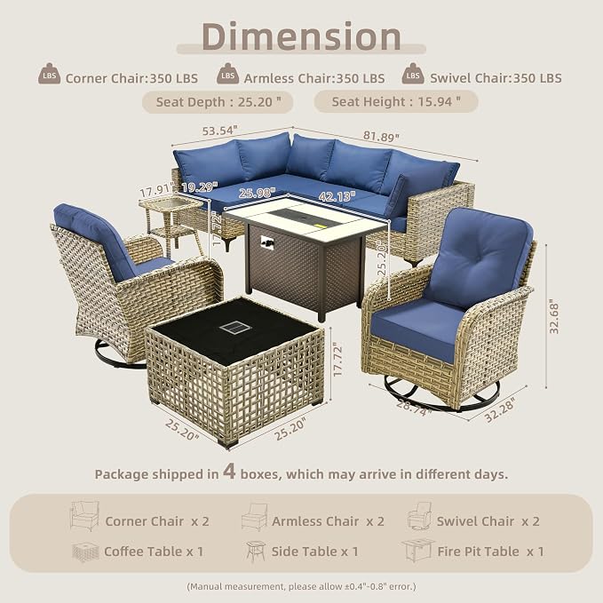 CAODOC 9-Piece Outdoor Sectional Sofa Set w/ 42" Fire Pit – L-Shaped Wicker Patio Furniture, Deep Seating & Swivel Rockers,Blue