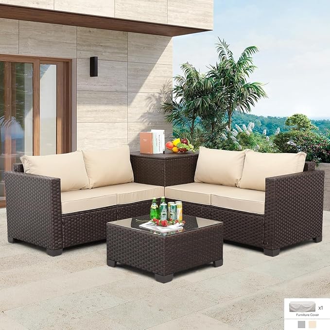 4 Pieces Outdoor Sectional Conversation Sofa Set Khaki Wicker Patio Furniture Set with Storage Box and Glass Table with Cushions and Furniture Covers