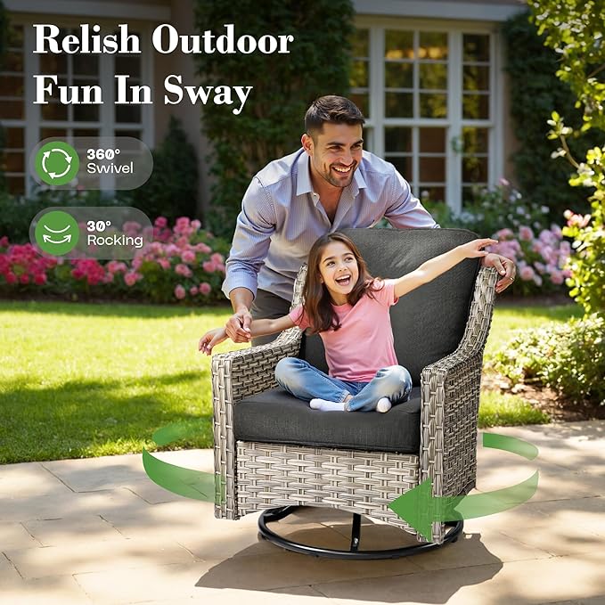 ovios 5 Piece Outdoor Patio Furniture with 3 Seat Sofa,Rattan Wicker Coversation Set with Swivel Rocking Chair,Balcony Sofa Set with Shiny Table for Outside Porch Backyard Pool, Black